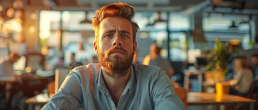 Open office space contrasts vibrant activity with the stillness of a tired employee lost in thought during a warm daylight afternoon