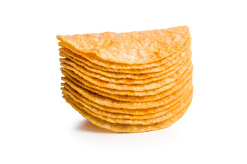 Crispy potato chips isolated on white background.