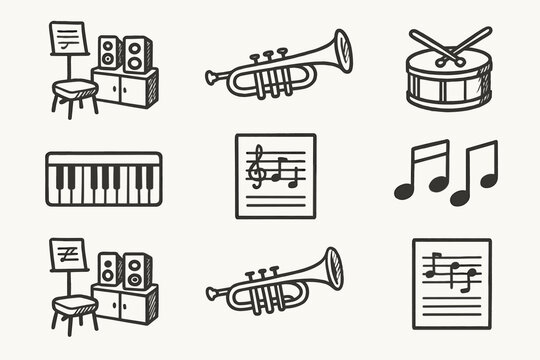 Room music keyboard icons icon notes sound pencil drum trumpet practice vector