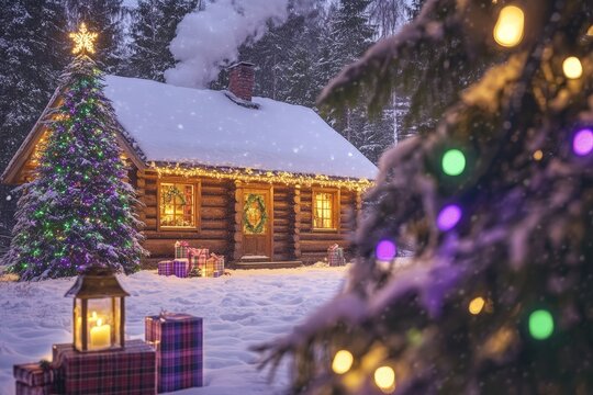 Wooden winter cabin glows warmly amidst snowy forest setting decorated for the holidays