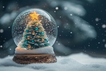 Illuminated miniature evergreen tree sits inside a glass globe surrounded by falling white flakes