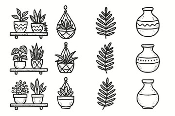Macrame plant fern ceramic boho shelf hanger plants icon vector jar