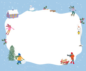Cheerful winter background with kids ice skating, building snowmen, and sledding around a snowy frame, perfect for festive greetings or seasonal designs. Vector art