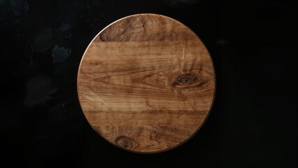 Circular wooden plate or tray on a dark background.