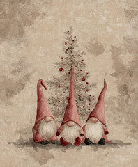 Minimalist Christmas illustration featuring Santa and pink gnomes, simple Nordic tree, soft pastel colors, clean layout, watercolor texture, cozy calm mood, elegant festive design.