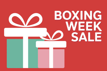 Boxing Week sale with two gift boxes on a red background.