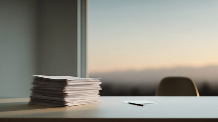 manager desk adorned with neatly organized documents featuring ar blurred white text bars in foreground