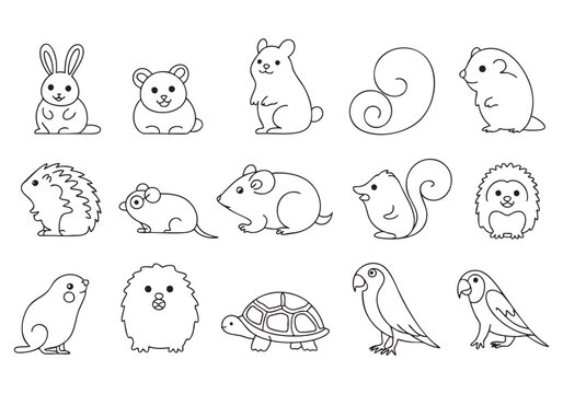 Cute Small Pets and Wildlife Doodle Set | Hand Drawn Rabbit, Hamster, Hedgehog, and Parrot Line Art Icons