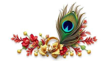 Elegant Peacock Feather Floral Design with Golden Wedding Rings and Vibrant Blooms – Luxury Indian Decorative Artwork