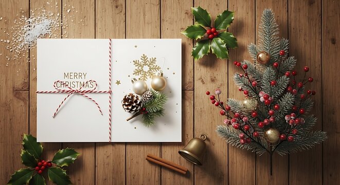 Festive holiday card with Christmas tree decorations and pinecones on a rustic wooden background - Powered by Adobe