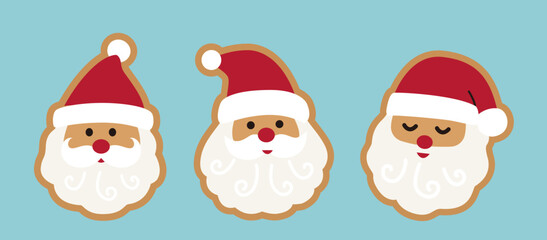 Obraz premium Santa claus gingerbread cookies flat vector illustration set. Winter Christmas santa claus face ginger cookie clipart design. Cute festive Cookie Sticker. plain background.