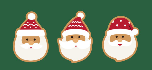 Santa claus gingerbread cookies flat vector illustration set.
Winter Christmas santa claus face ginger cookie clipart design.
Cute festive Cookie Sticker.

