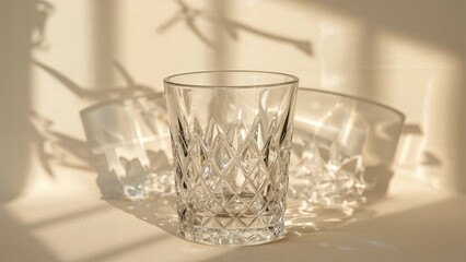 A clear glass tumbler with a diamond pattern casting shadows on a light background.