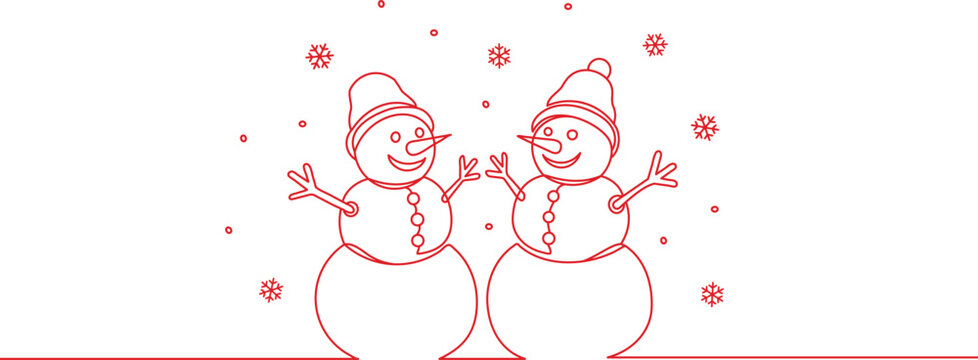 Red winter snowman vector one line art, christmas snowfall decoration design. - Powered by Adobe