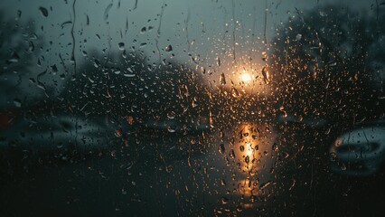 Rainy weather seen through a car window with water droplets and a sunset glow. Transportation and weather, concept. Weather conditions and driving safety. The concept of rain and weather impact.