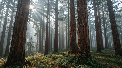 Fototapeta premium A peaceful forest scene with sunlight filtering through tall trees and lush greenery.