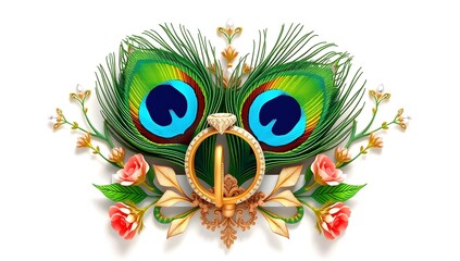 Elegant Peacock Feather Floral Design with Golden Wedding Rings and Vibrant Blooms – Luxury Indian Decorative Artwork