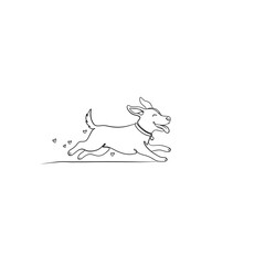 Minimal one line drawing of a happy dog running with hearts, continuous line art illustration of playful pet, simple modern design on white background.