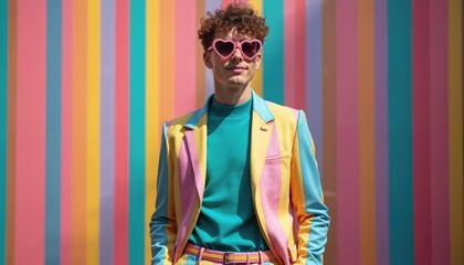 Obraz premium Young man wears colorful pastel suit and heart shaped glasses. He stands against a vibrant striped backdrop. The asian male models pose confidently. Trendy fashion. Optical illusion.