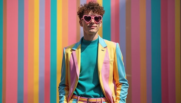 Young man wears colorful pastel suit and heart shaped glasses. He stands against a vibrant striped backdrop. The asian male models pose confidently. Trendy fashion. Optical illusion.