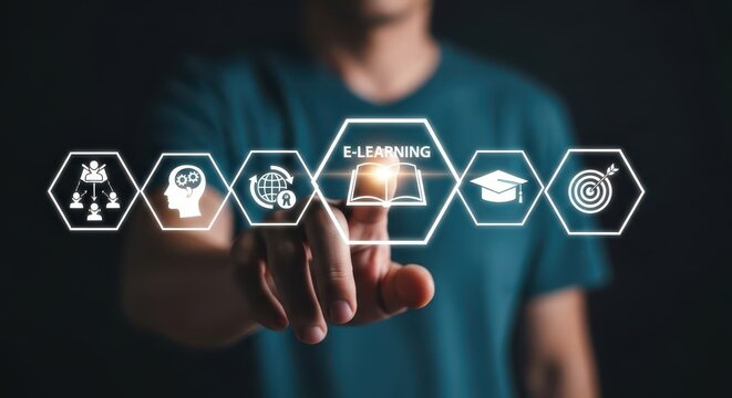 Man's Finger Touching Virtual Screen with "E-Learning" Icon and Related Educational Concepts. Digital Transformation, Distance Education, and Online Training Technology.