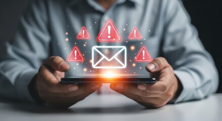 Hands Holding Smartphone Receiving Phishing or Spam Email with Glowing Envelope Icon and Multiple Red Danger Exclamation Marks. Cyber Security Threat and Caution Concept.