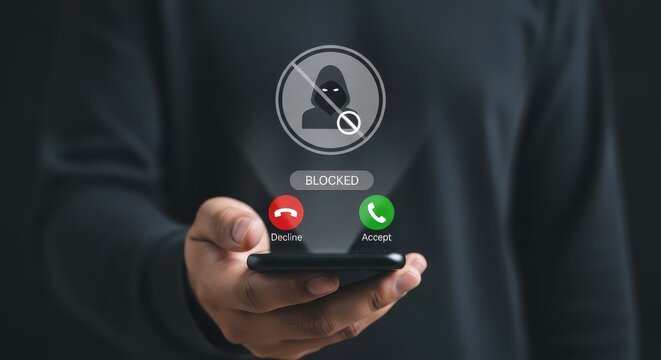 Hand Holding Smartphone with Virtual Screen Showing "Blocked" Call Notification and No Entry Icon over Unknown Caller. Concept for Mobile Security, Spam Protection, and Cyber Safety.