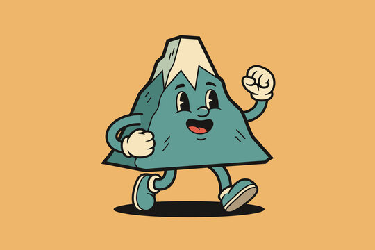 Retro Cartoon Mountain Character Walking with Joyful Expression.
