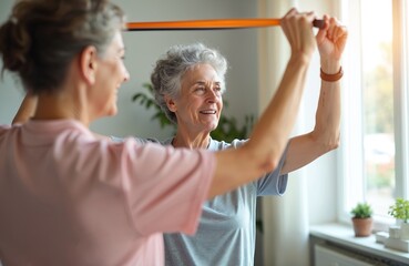Senior woman lifts elastic band with trainer. Elderly lady smiles during workout. Caregiver assists mature patient at home. Physical therapy improves health. Exercise with resistance band for