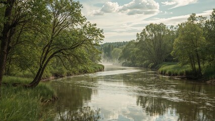 River scene with trees and sky, 1989
