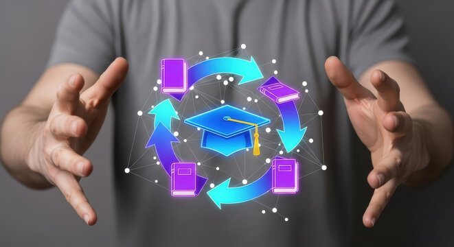 Hands Holding a Holographic Graphic of Learning Cycle and Graduation Cap. Concept for Continuous Education, Professional Development, and Lifelong Learning.