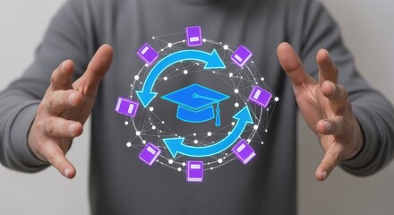 Hands Holding a Holographic Graphic of Learning Cycle and Graduation Cap. Concept for Continuous Education, Professional Development, and Lifelong Learning.