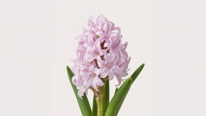 Fototapeta premium Pink hyacinth flower with green leaves on a plain background.