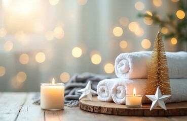 Christmas spa composition for winter holiday wellness. White rolled towels on wooden slice with lit aroma candles. Gold Xmas tree, stars decorate cozy setting. Soft bokeh lights in background create