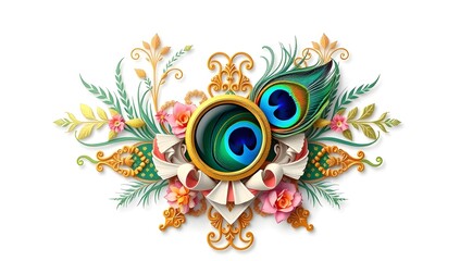 Elegant Peacock Feather Floral Design with Golden Wedding Rings and Vibrant Blooms – Luxury Indian Decorative Artwork