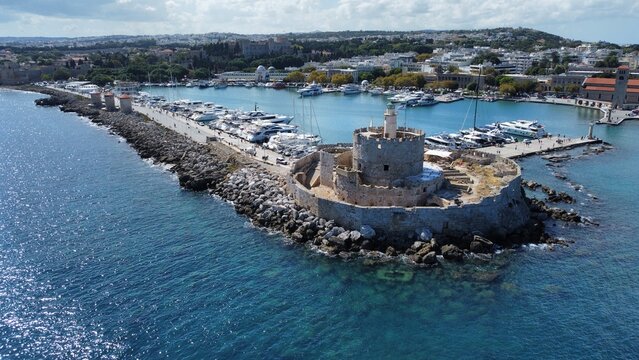 Aerial view of the harbour of Rhodes city with the colossus of Rhodes