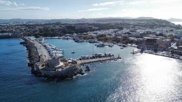 Aerial view of the harbour of Rhodes city with the colossus of Rhodes