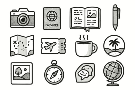 Travel camera icon compass vector journal essentials icons memory passport mug globe