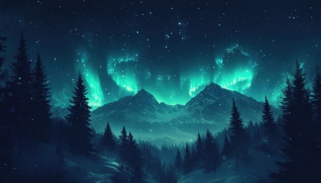 Brilliant atmospheric lights illuminate the dark, snowy mountain range above a dense evergreen forest.