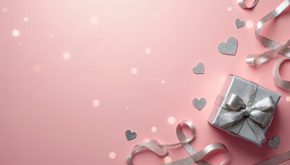 Fototapeta premium Silver gift box with bow on soft pink background, scattered heart shapes and ribbons. Festive celebration concept, perfect for Valentine Day or birthdays. Gentle light effects create a romantic mood.