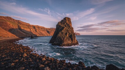 Coastal landscape with large rock formation in the sea during sunset. Nature and geological features, scenic view, cliffs and ocean.