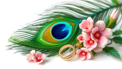 Elegant Peacock Feather Floral Design with Golden Wedding Rings and Vibrant Blooms – Luxury Indian Decorative Artwork