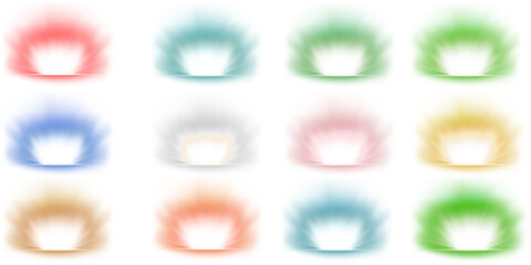 Collection of twelve glowing abstract energy flames in various vibrant colors on a black background