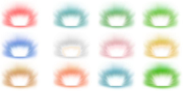 Collection of twelve glowing abstract energy flames in various vibrant colors on a black background