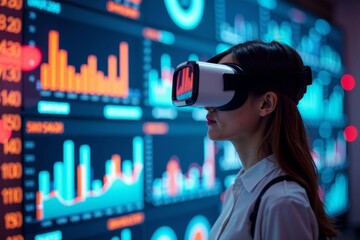 Title: Immersive aerial view of individual in virtual reality headset exploring futuristic digital world with vibrant graphs and charts, representing tech integration