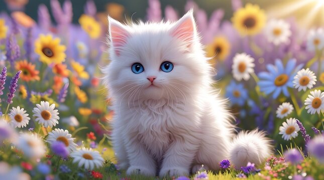Fluffy white kitten with blue eyes in a sunny flower field