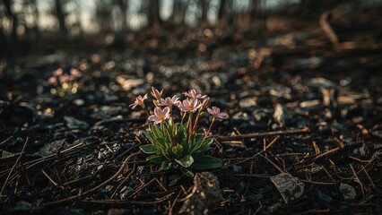 A flower growing amidst charred ground and debris in a burnt forest landscape.