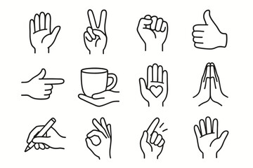 Obraz premium Minimalist vector ok gestures thumbs praying icon hand pose pointing sign waving