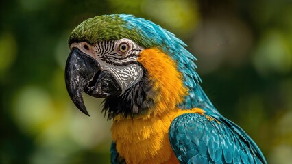 Colorful parrot with vibrant blue, green, yellow, and orange feathers. Nature and wildlife, tropical bird. Exotic bird species. The concept of avian diversity and wildlife conservation