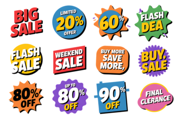 Assortment of 12 vibrant sale and discount offer badges on black graphic design